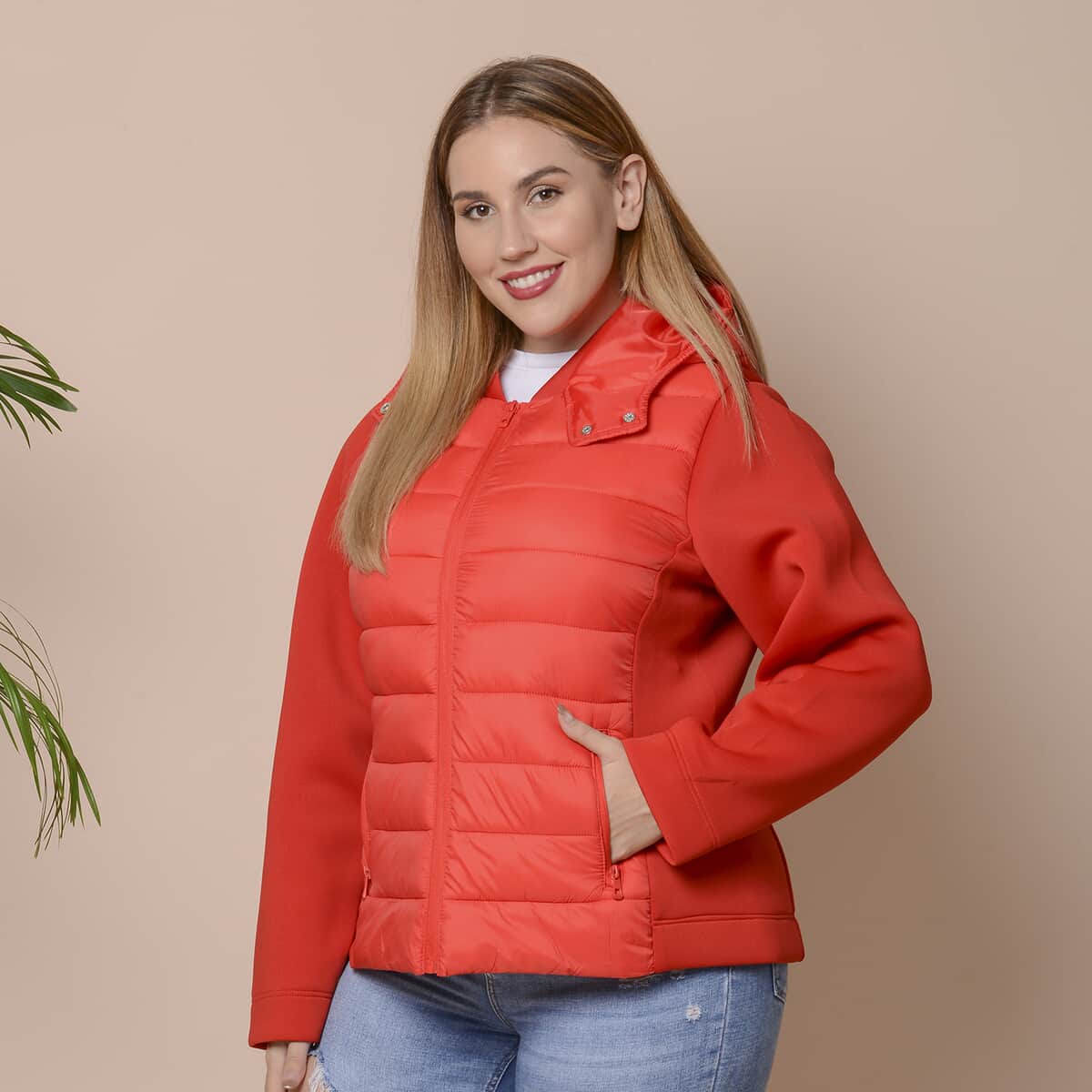 Passage Red Zip-Front Hooded Puffer Jacket with Contrast Sleeves (L, Nylon and Polyester) image number 2