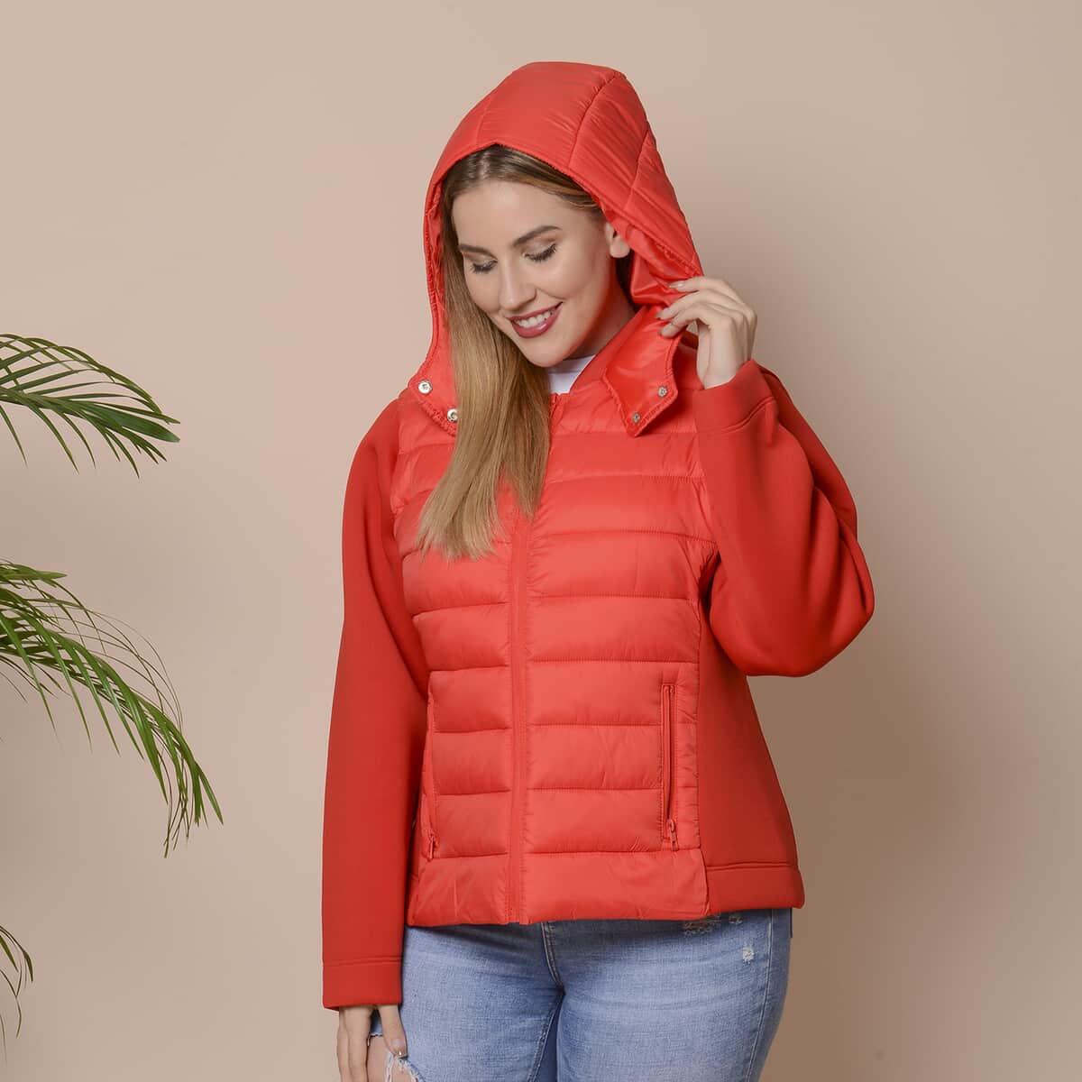 Passage Red Zip-Front Hooded Puffer Jacket with Contrast Sleeves (L, Nylon and Polyester) image number 3