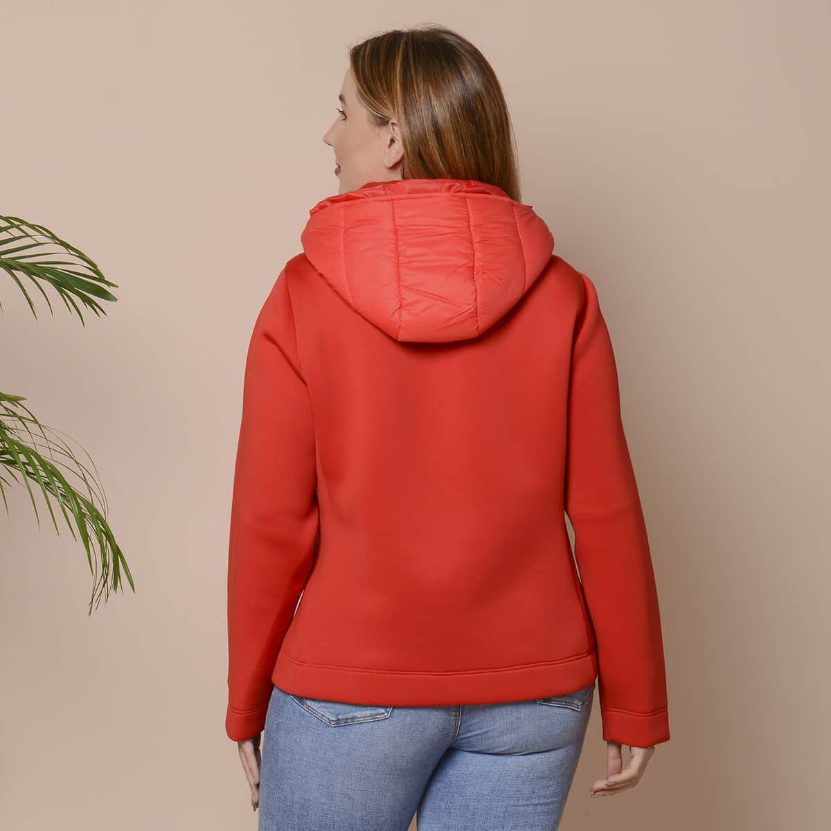 Passage Red Zip-Front Hooded Puffer Jacket with Contrast Sleeves (L, Nylon and Polyester) image number 4