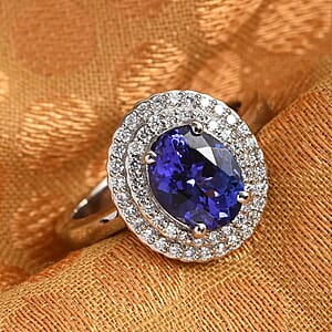 Certified and Appraised Rhapsody 950 Platinum AAAA Tanzanite and E-F VS2 Diamond Double Halo Ring (Size 7.0) 7 Grams 2.50 ctw