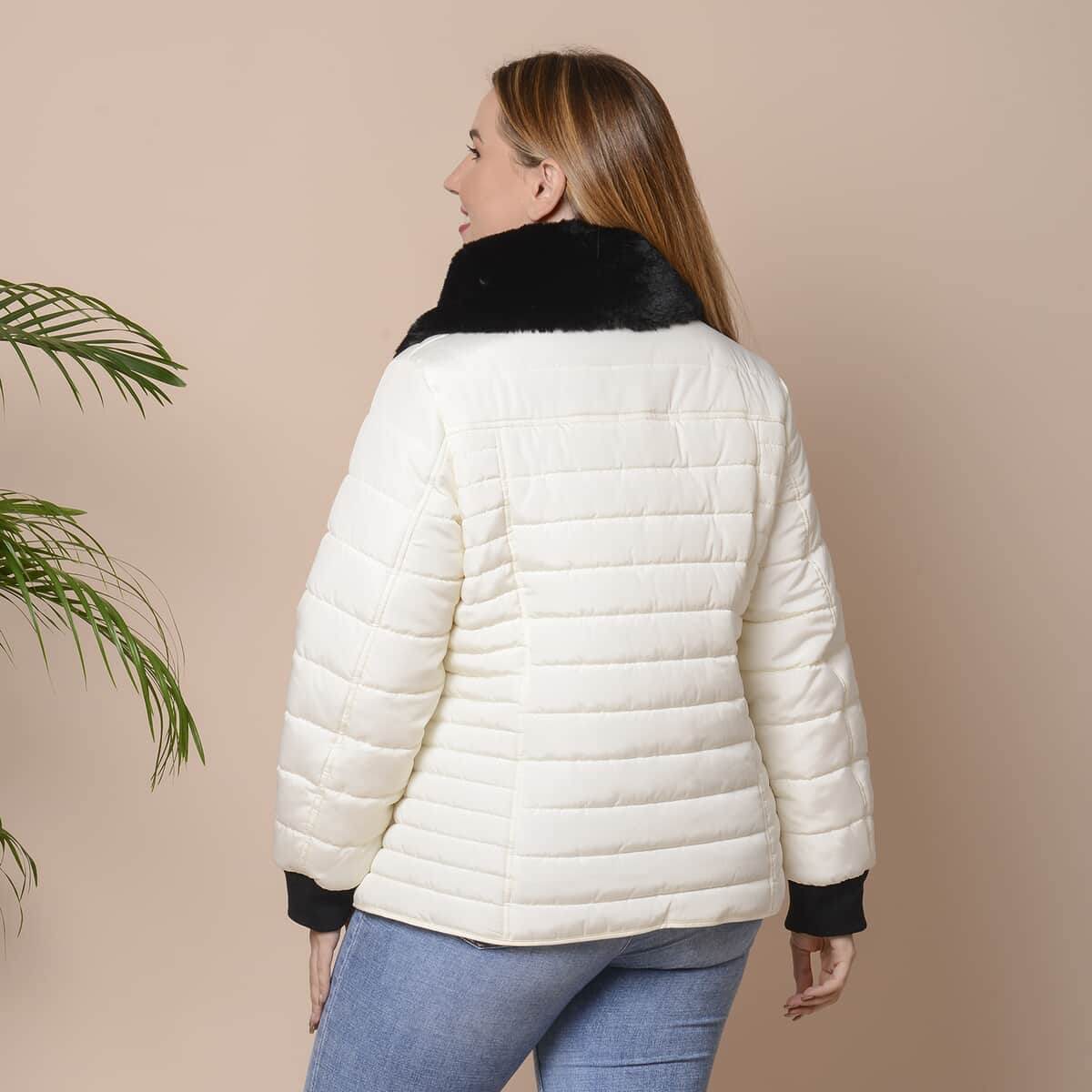 PASSAGE White with Black Faux Fur Collar Puffer Coat (S, 100% Polyester) image number 1