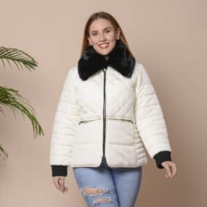 PASSAGE White with Black Faux Fur Collar Puffer Coat (M, 100% Polyester)