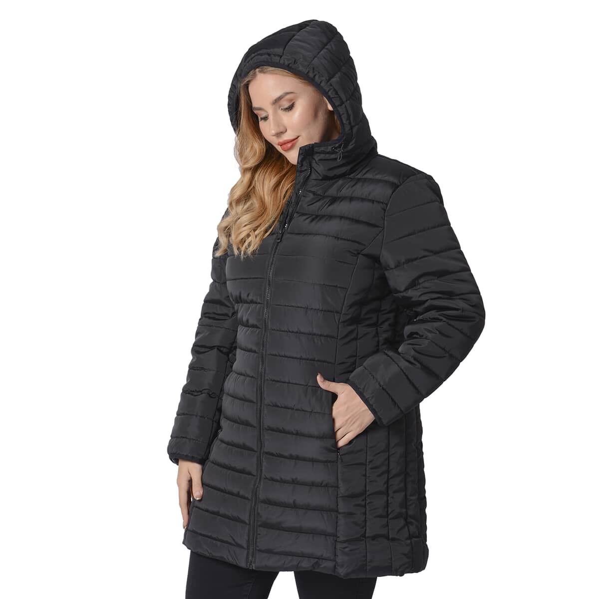 Passage Black Long Puffer Coat with Hood (L, 100% Polyester) image number 2
