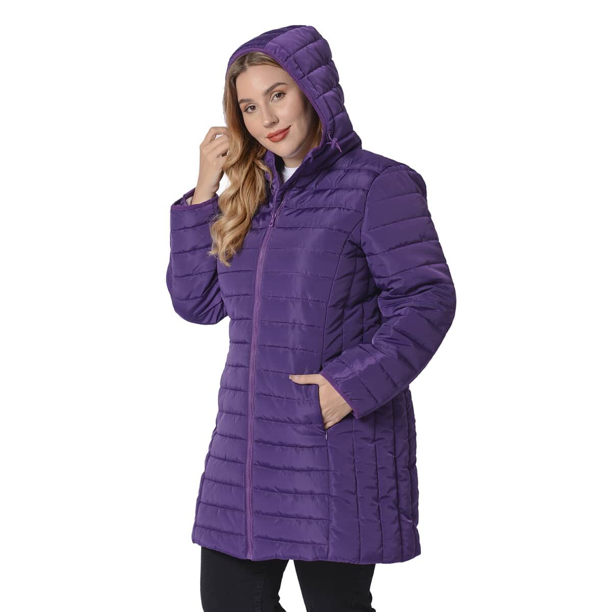 Passage Plum Purple Long Puffer Coat with Hood (S, 100% Polyester) image number 2
