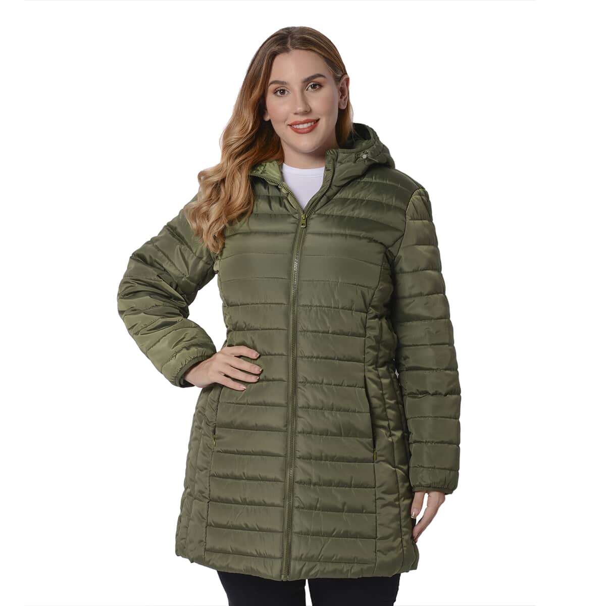 Passage Olive Green Long Puffer Coat with Hood (L, 100% Polyester) image number 0