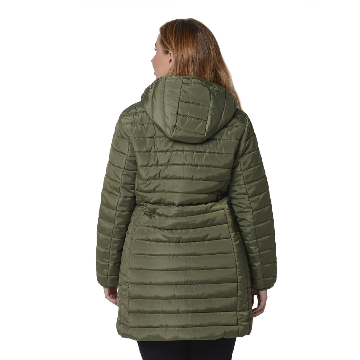 Passage Olive Green Long Puffer Coat with Hood (L, 100% Polyester) image number 1