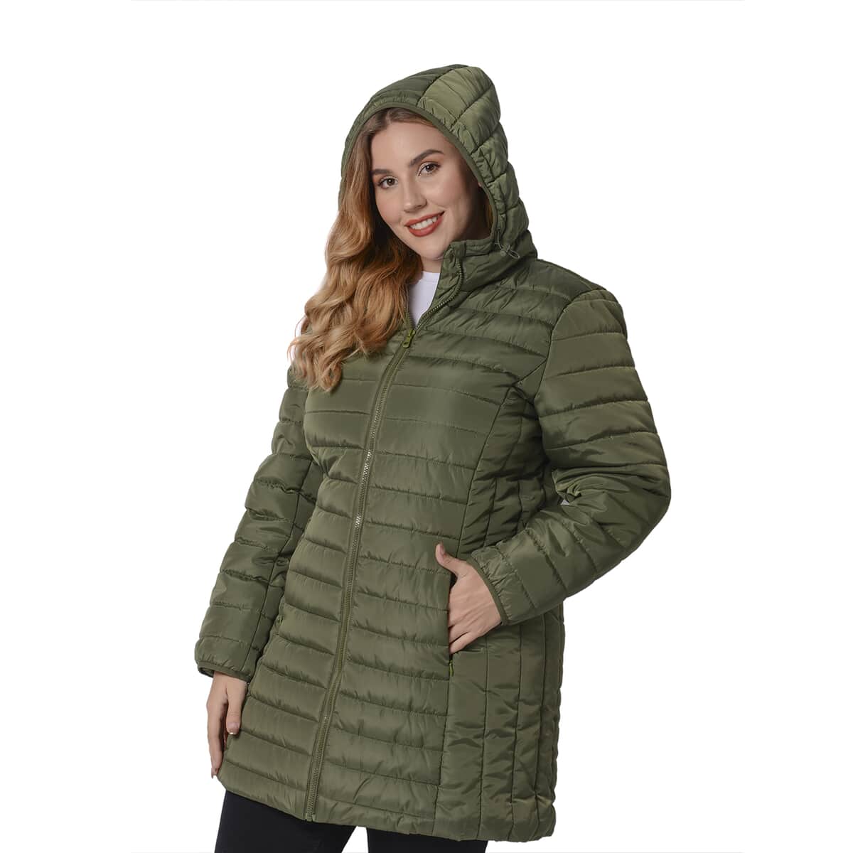 Passage Olive Green Long Puffer Coat with Hood (L, 100% Polyester) image number 2