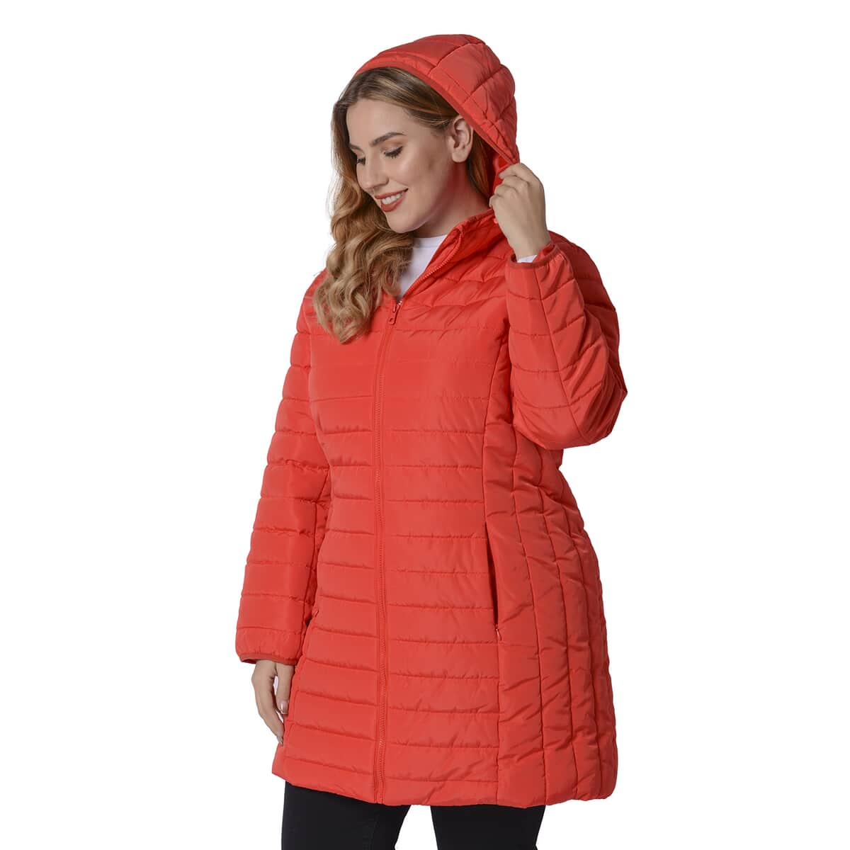 Passage Red Long Puffer Coat with Hood (M, 100% Polyester) image number 2