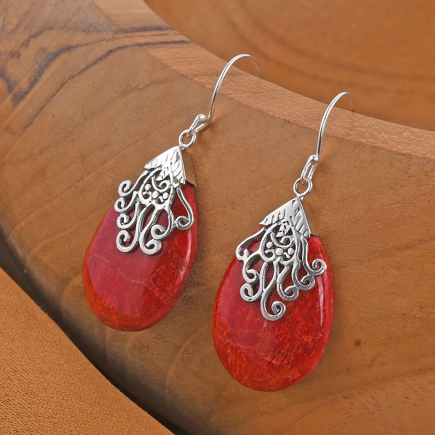 Sponge Coral Pear Shape Earrings in Sterling Silver