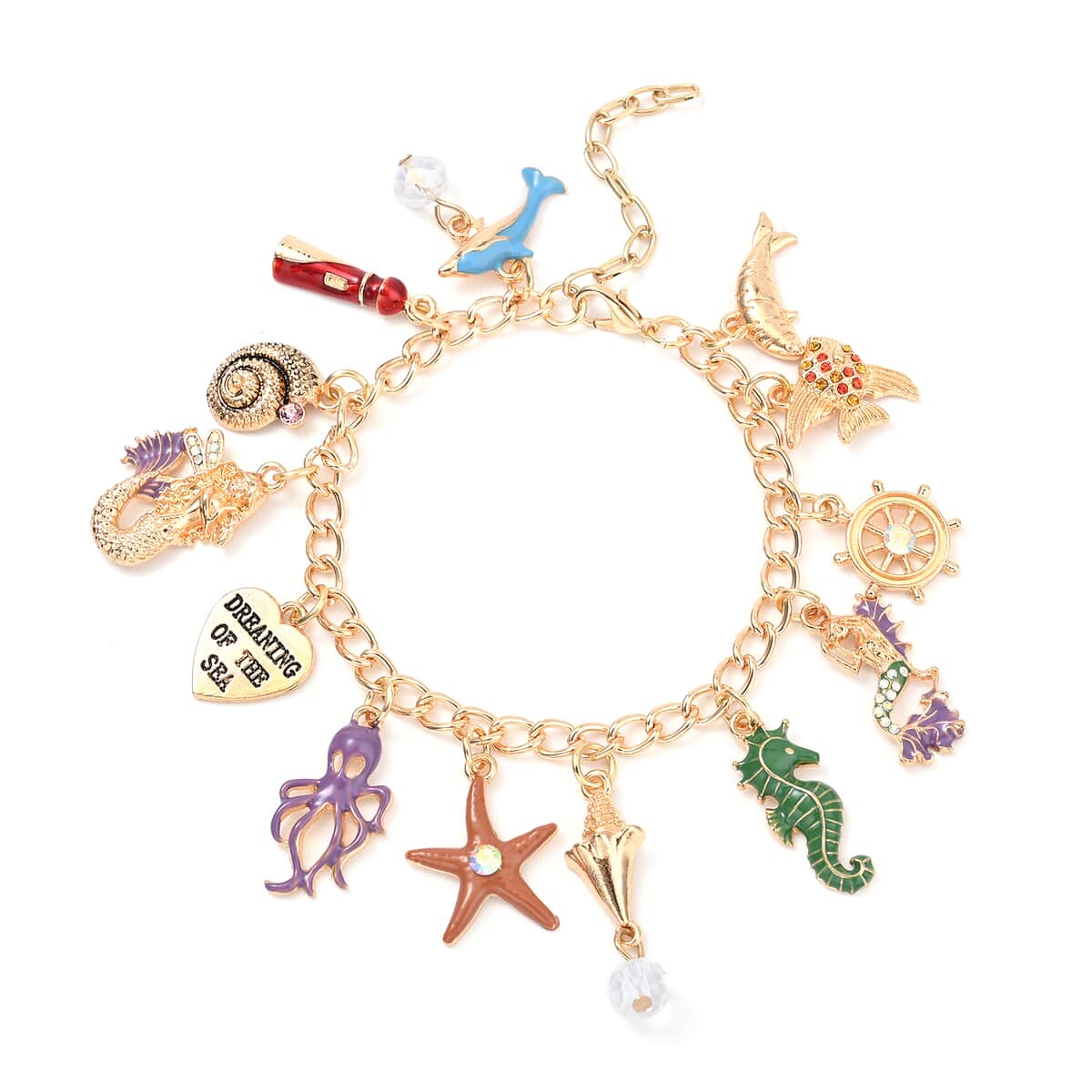 White Glass and Multi Color Austrian Crystal Bracelet with Dangling Charms in Goldtone (7.50 In) image number 0