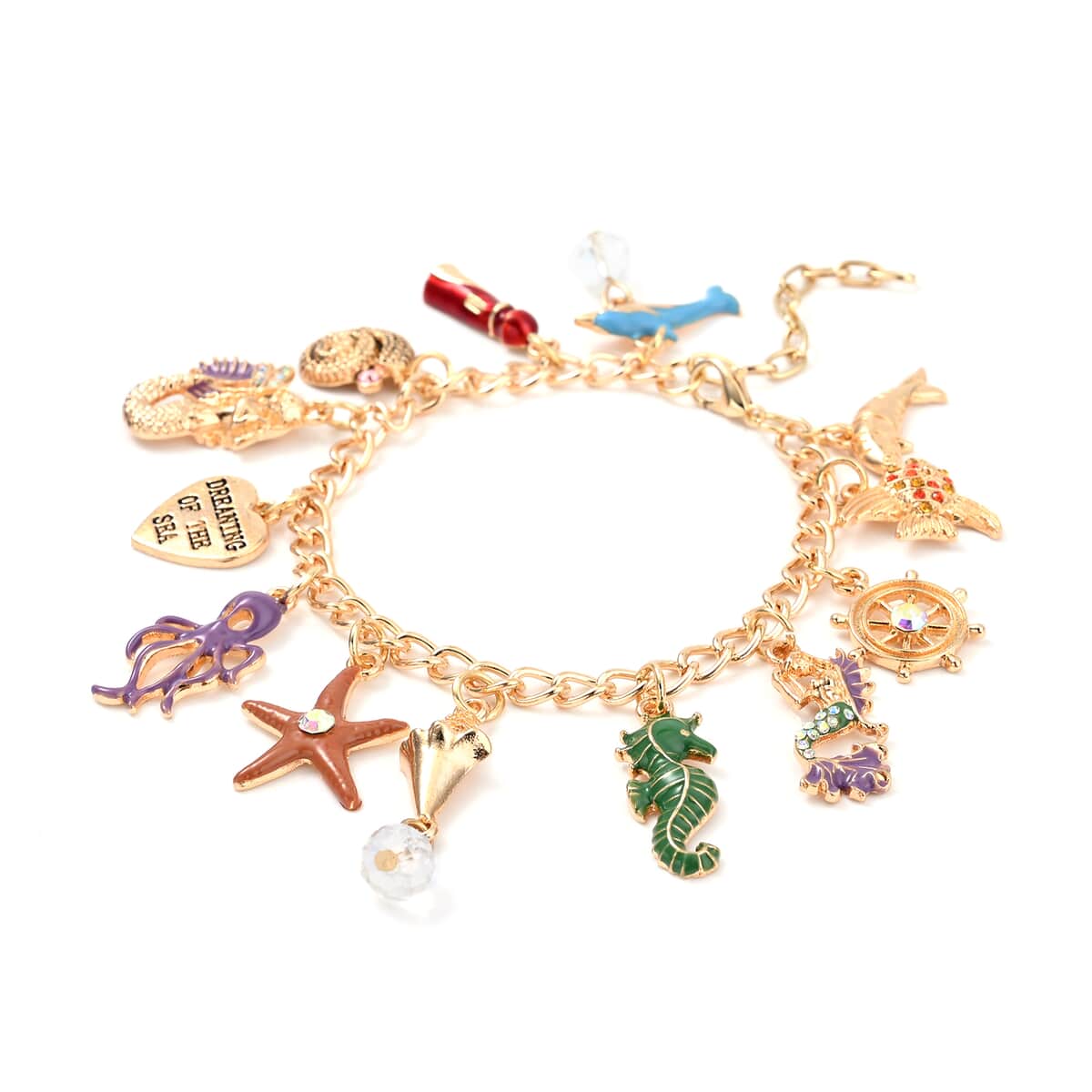 White Glass and Multi Color Austrian Crystal Bracelet with Dangling Charms in Goldtone (7.50 In) image number 2