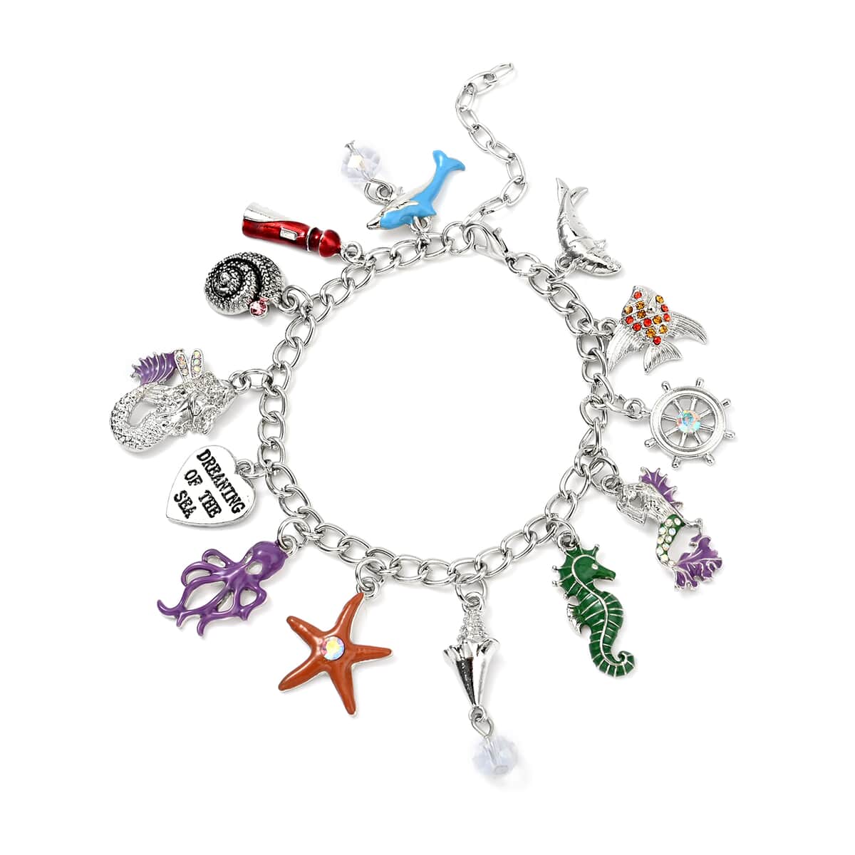 White Glass and Multi Color Austrian Crystal Bracelet with Dangling Charms in Silvertone (7.50 In) image number 0