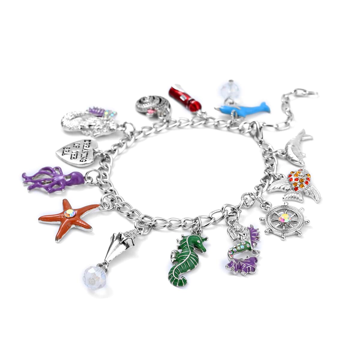White Glass and Multi Color Austrian Crystal Bracelet with Dangling Charms in Silvertone (7.50 In) image number 2