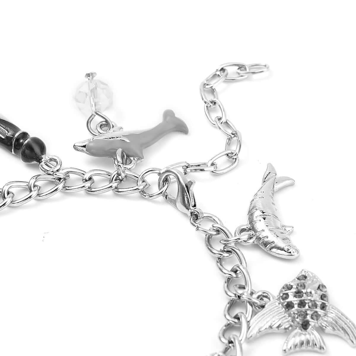 White Glass and Multi Color Austrian Crystal Bracelet with Dangling Charms in Silvertone (7.50 In) image number 3