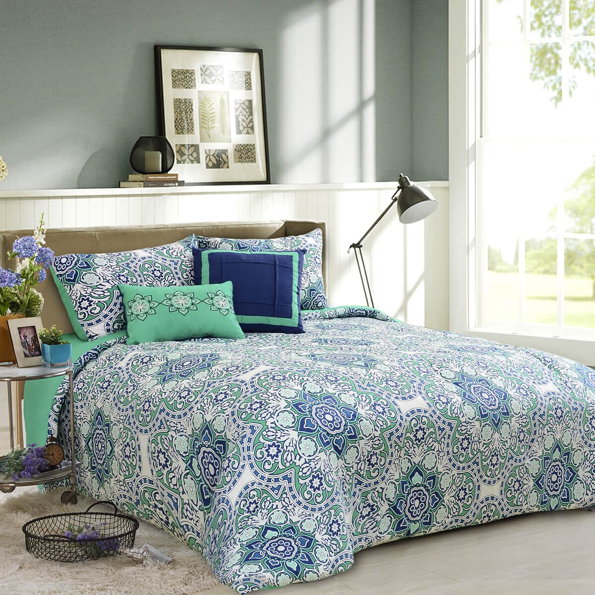 Curio Collection Teal 100% Cotton 5 Piece Tilework Comforter Set (Twin) image number 0