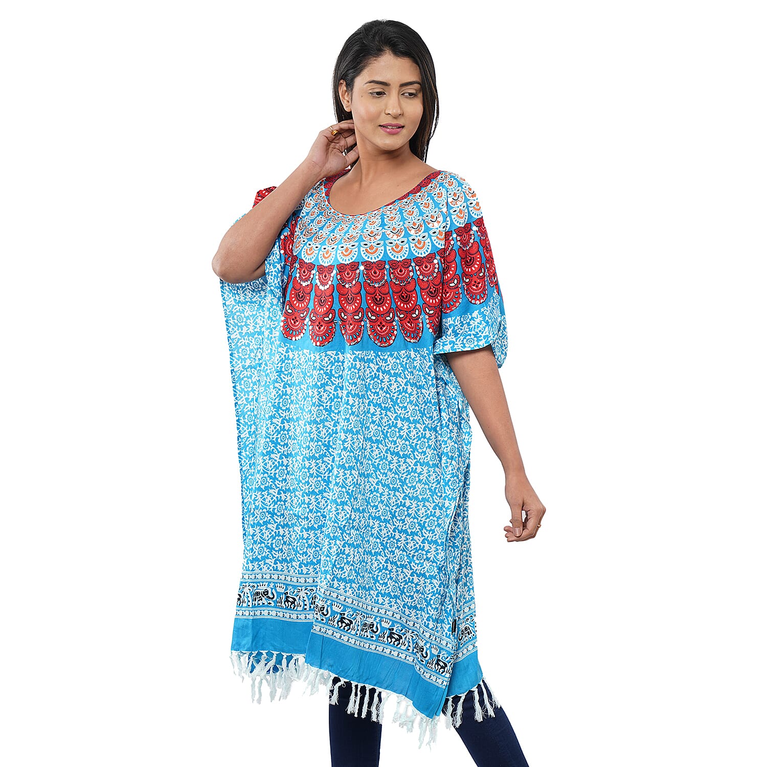 Blue Sequin and Fringe Embellishments Kaftan Top