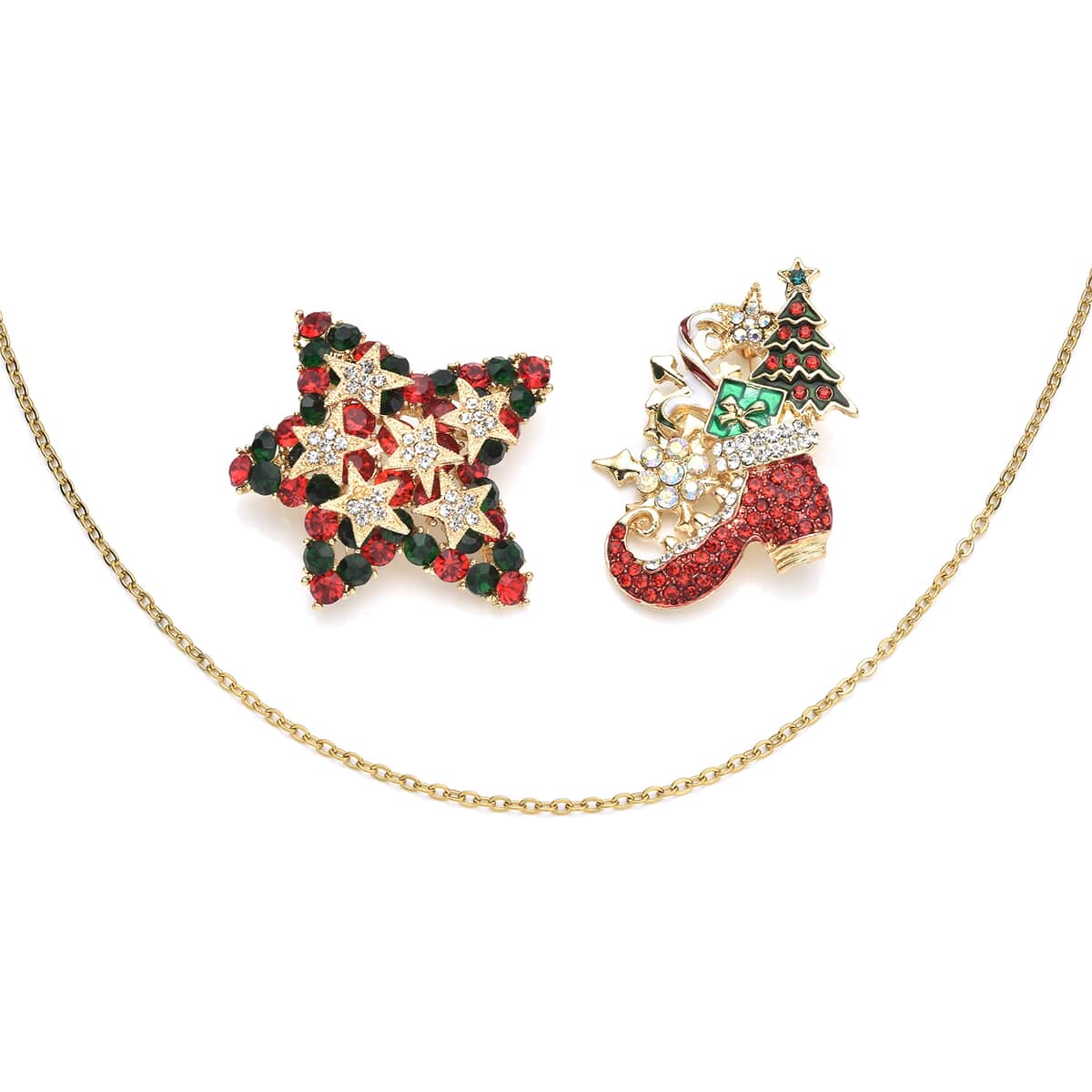 Set of 2 Multi Color Austrian Crystal Star and Santa Shoe Brooch in Goldtone image number 0
