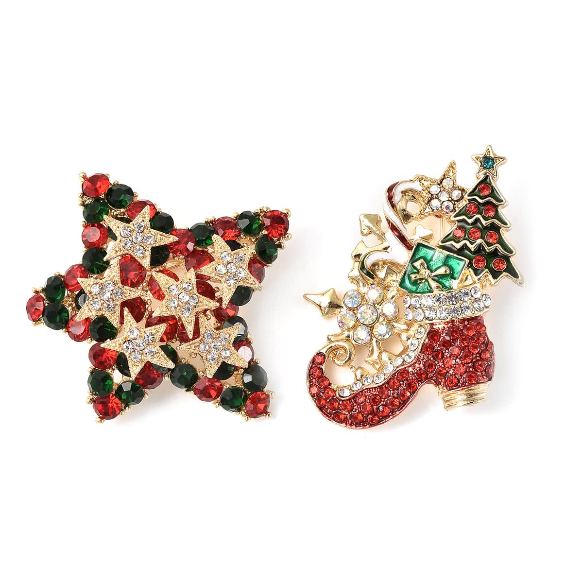 Set of 2 Multi Color Austrian Crystal Star and Santa Shoe Brooch in Goldtone image number 4