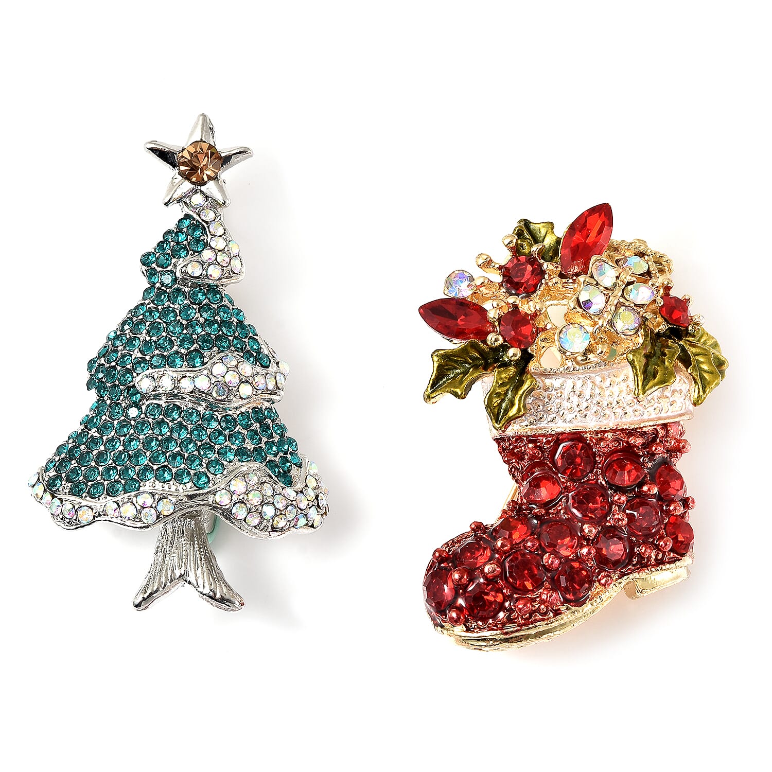 Set of 2 Simulated Ruby and Multi Color Austrian Crystal Christmas Sock and Christmas Tree Brooch OR Pendant Necklace 24 Inches in Dualtone