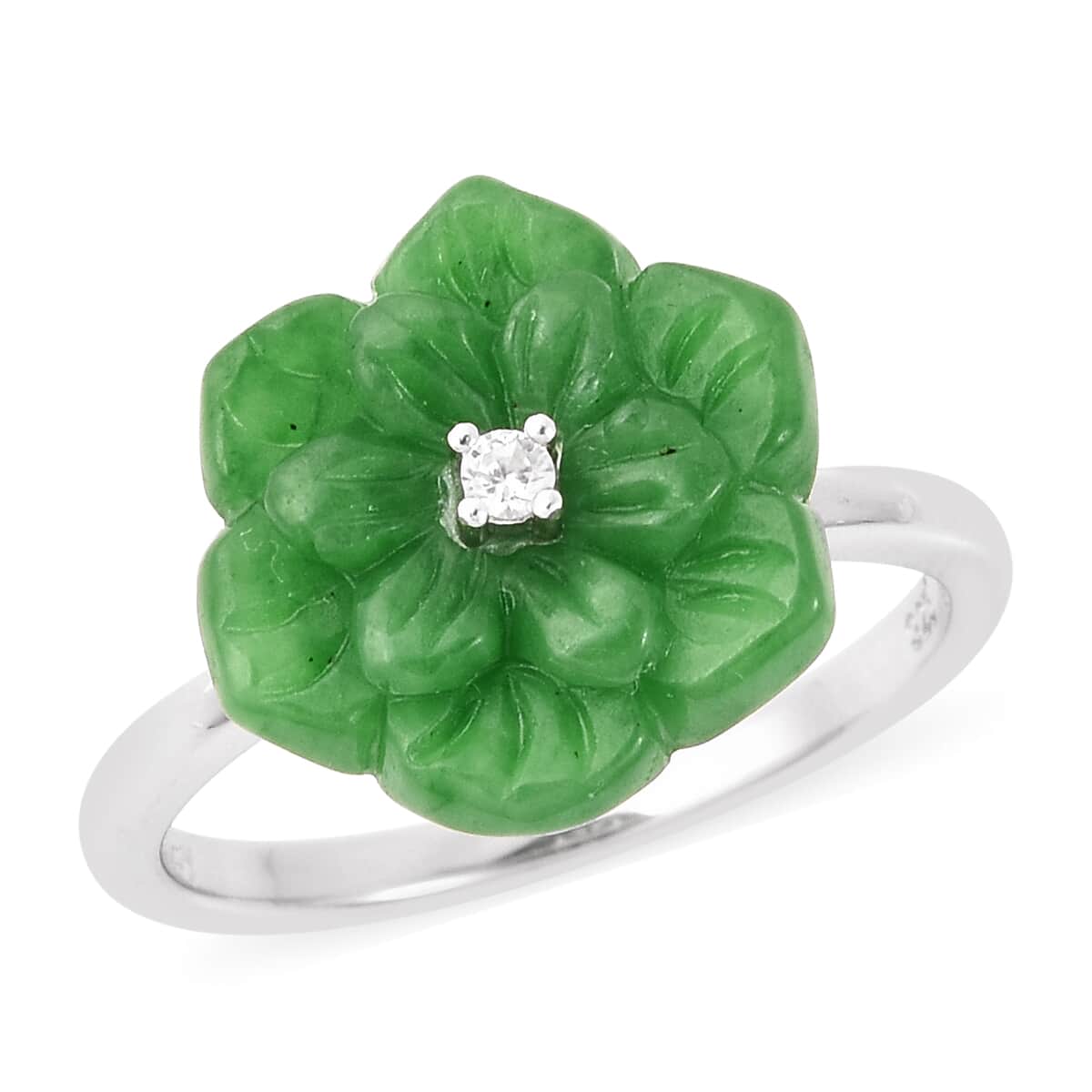 Jardin Collection Green Jade Carved Flower and Natural White Zircon Ring in Sterling Silver (Size 9.0) 9.50 ctw image number 0