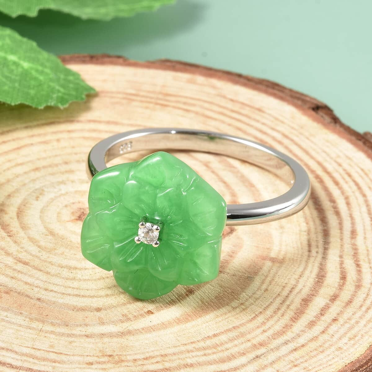 Jardin Collection Green Jade Carved Flower and Natural White Zircon Ring in Sterling Silver (Size 9.0) 9.50 ctw image number 1