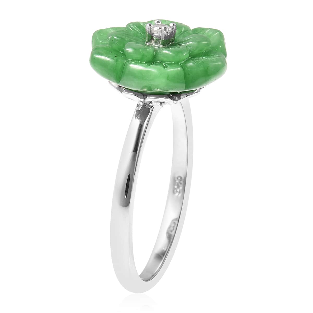 Jardin Collection Green Jade Carved Flower and Natural White Zircon Ring in Sterling Silver (Size 9.0) 9.50 ctw image number 3