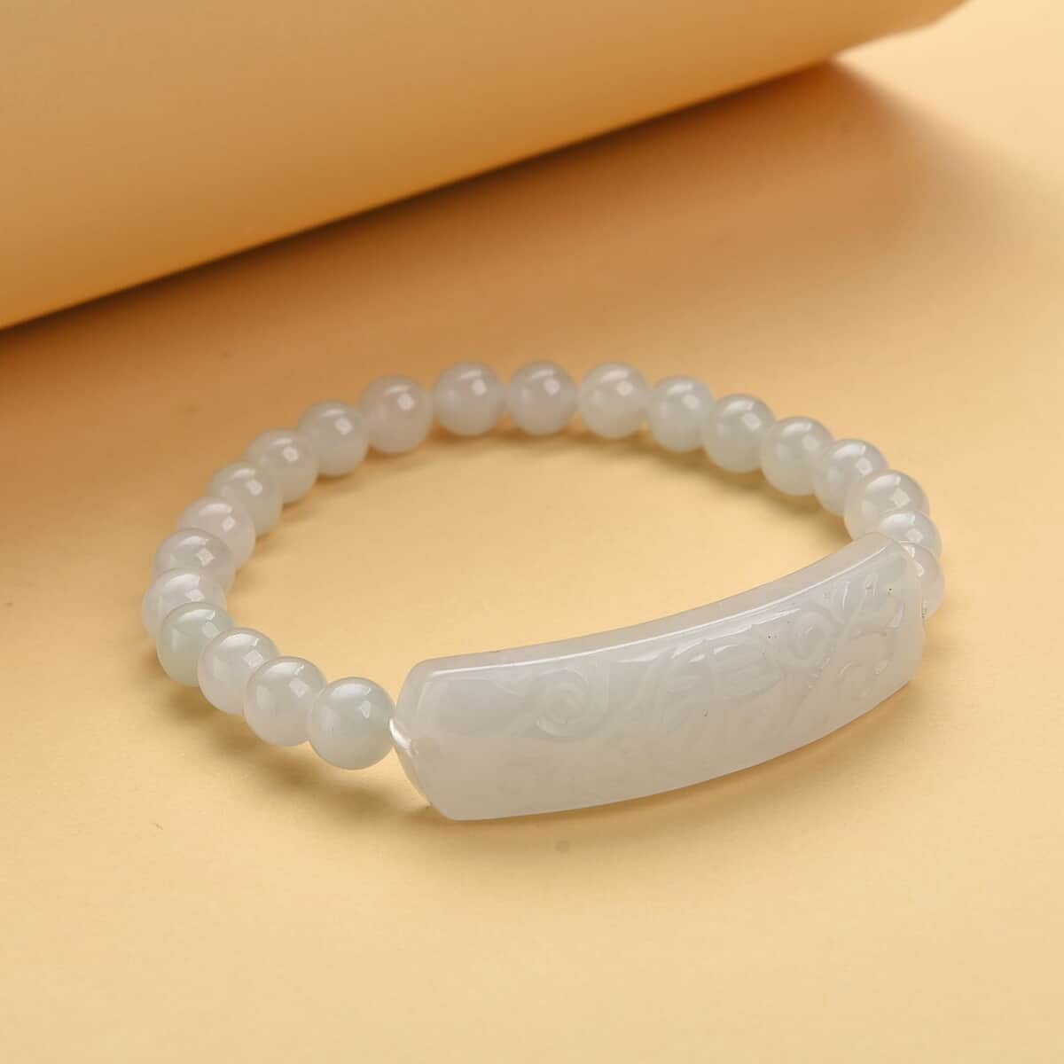 White Jade Bead Stretch Bracelet, Ancient Coin Detail Carved Bar Bracelet 150.00 ctw image number 1