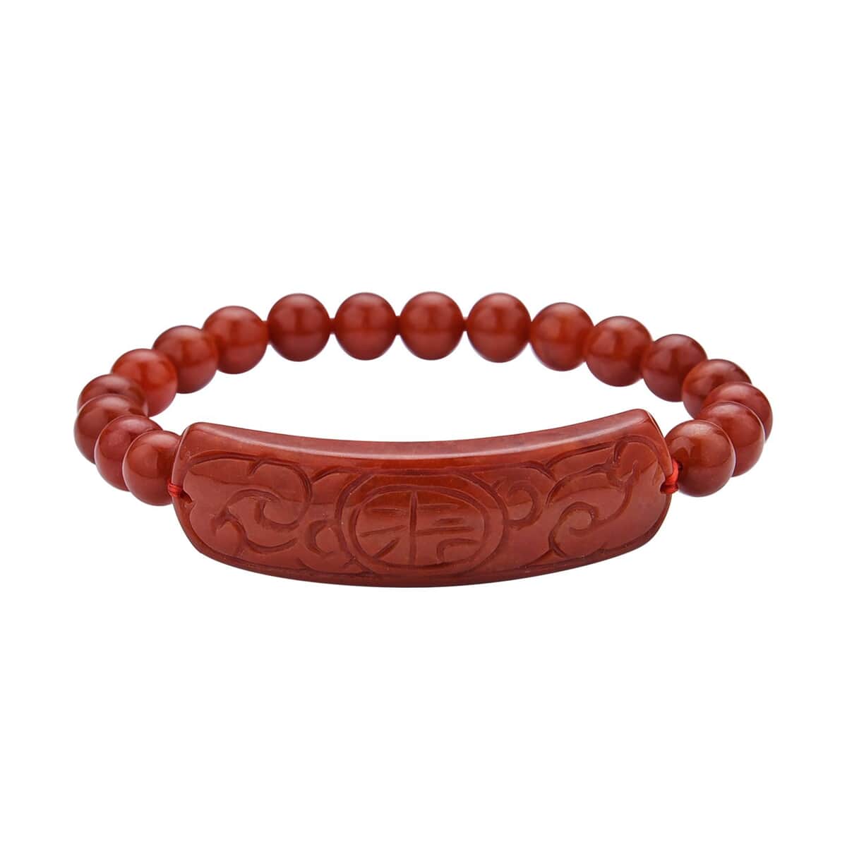 Red Jade (D) Bead Stretch Bracelet, Ancient Coin Detail Carved Bar Bracelet 150.00 ctw image number 0