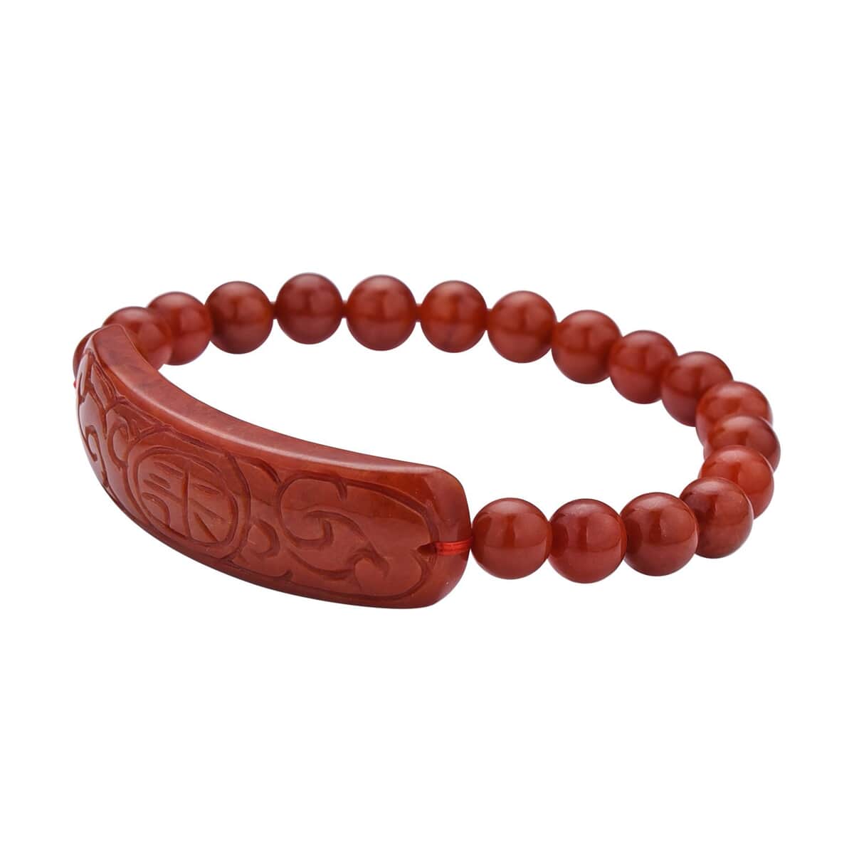 Red Jade (D) Bead Stretch Bracelet, Ancient Coin Detail Carved Bar Bracelet 150.00 ctw image number 2