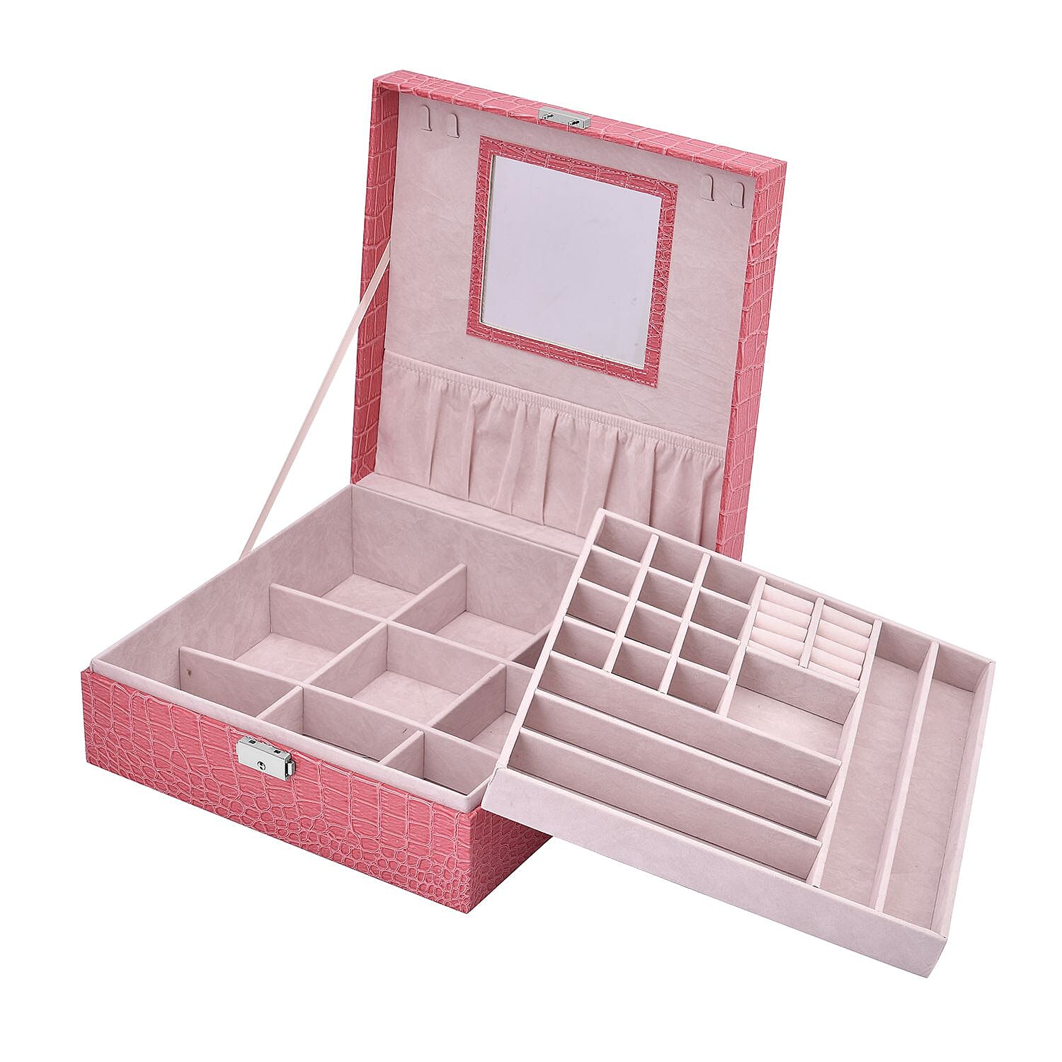Pink Crocodile Skin Pattern 2 Layer Jewelry Box with Mirror & Lock , Jewelry Storage Box for Women , Jewelry Case , Jewelry Organizer