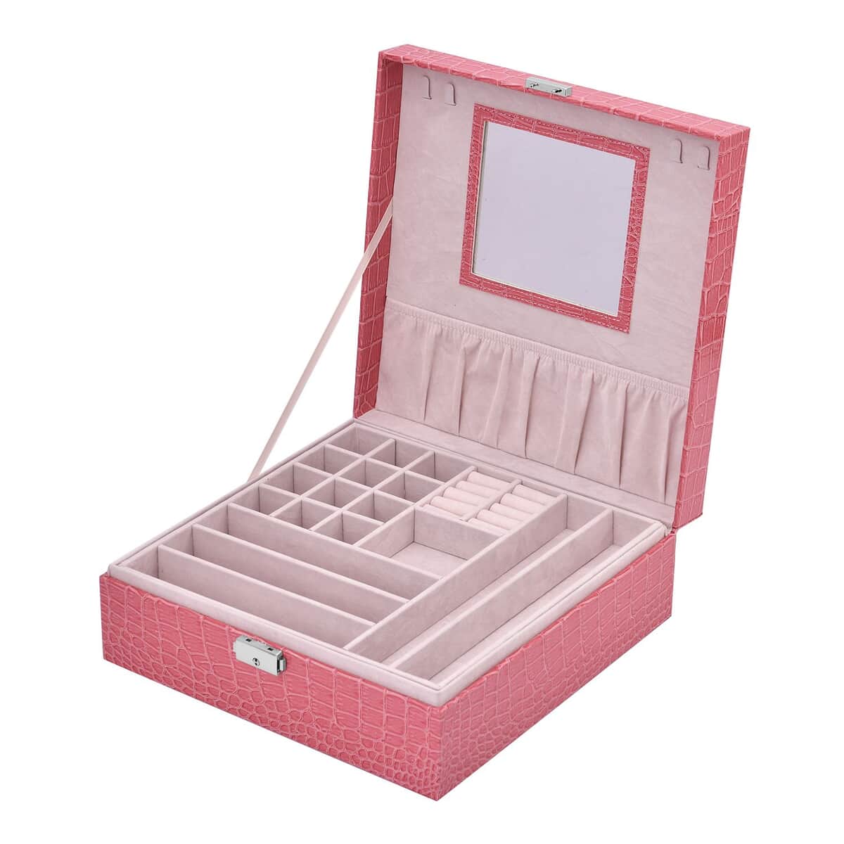 Pink Crocodile Skin Pattern 2 Layer Jewelry Box with Mirror & Lock image number 5