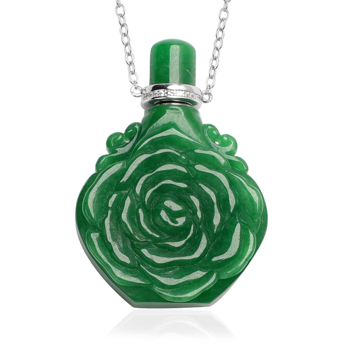 Green Jade and Simulated Diamond Carved Rose Flower Scent Bottle Necklace 18 Inches in Sterling Silver 173 ctw image number 0