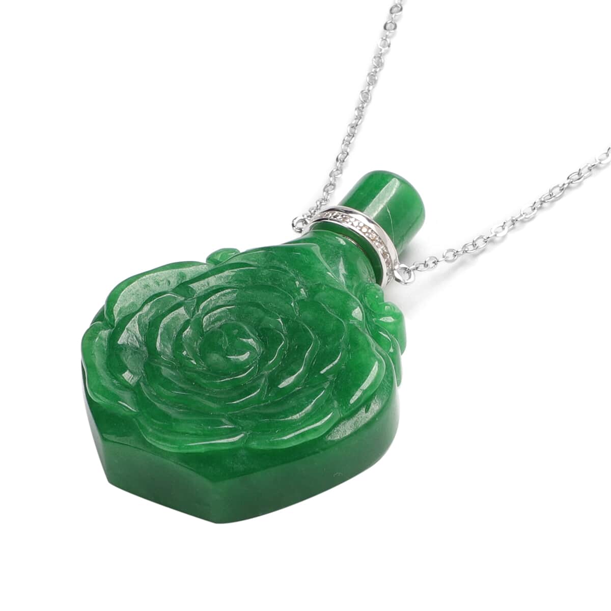 Green Jade and Simulated Diamond Carved Rose Flower Scent Bottle Necklace 18 Inches in Sterling Silver 173 ctw image number 1