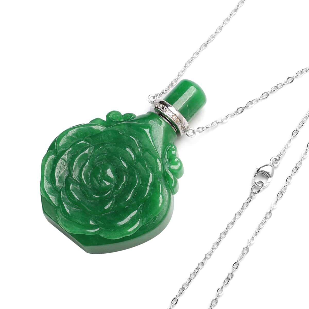 Green Jade (D) and Simulated Diamond Carved Rose Flower Scent Bottle Necklace 18 Inches in Sterling Silver 173 ctw image number 2