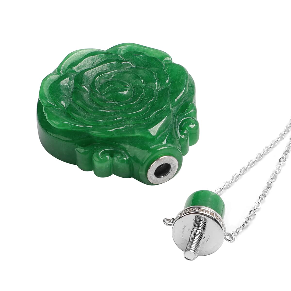 Green Jade (D) and Simulated Diamond Carved Rose Flower Scent Bottle Necklace 18 Inches in Sterling Silver 173 ctw image number 3