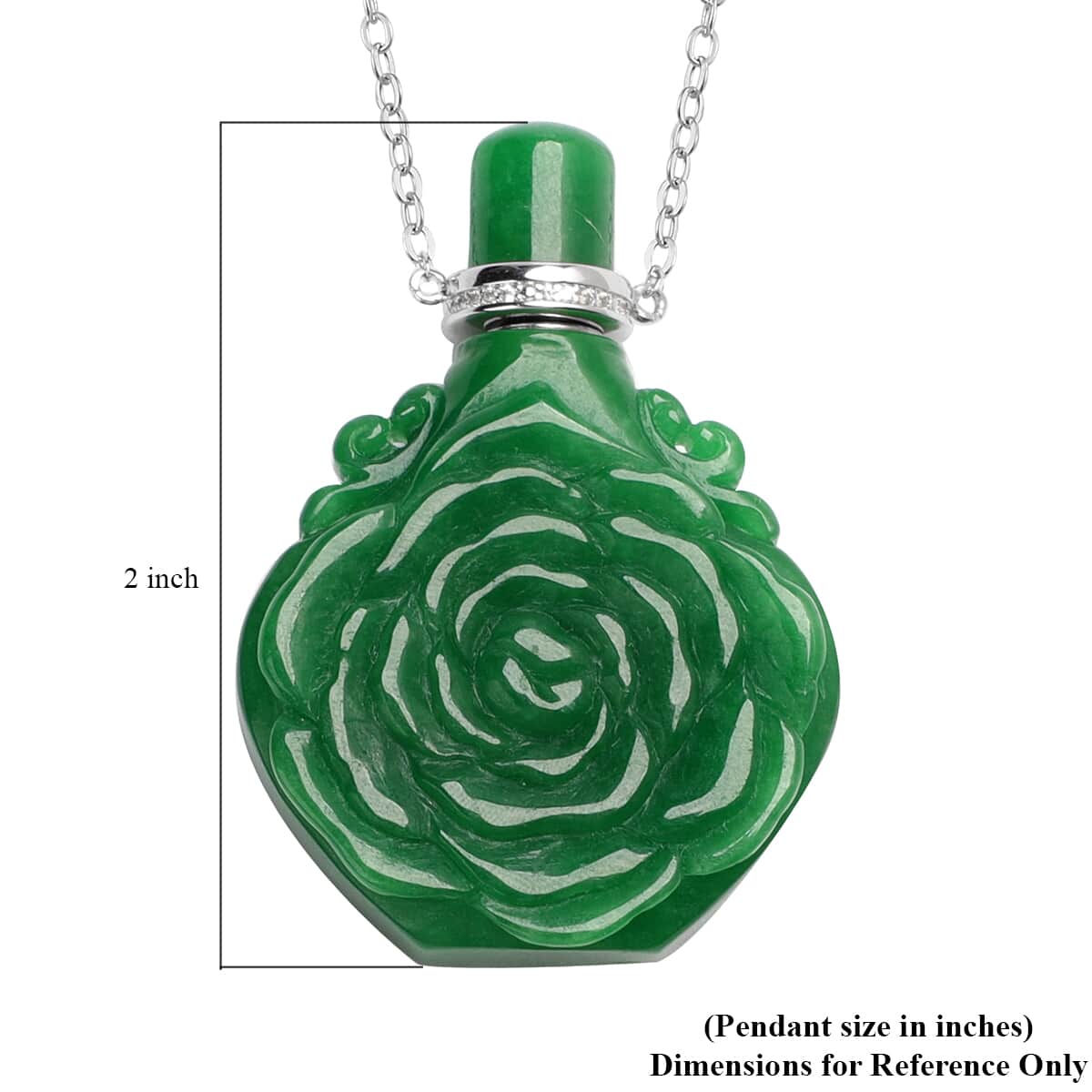 Green Jade and Simulated Diamond Carved Rose Flower Scent Bottle Necklace 18 Inches in Sterling Silver 173 ctw image number 4