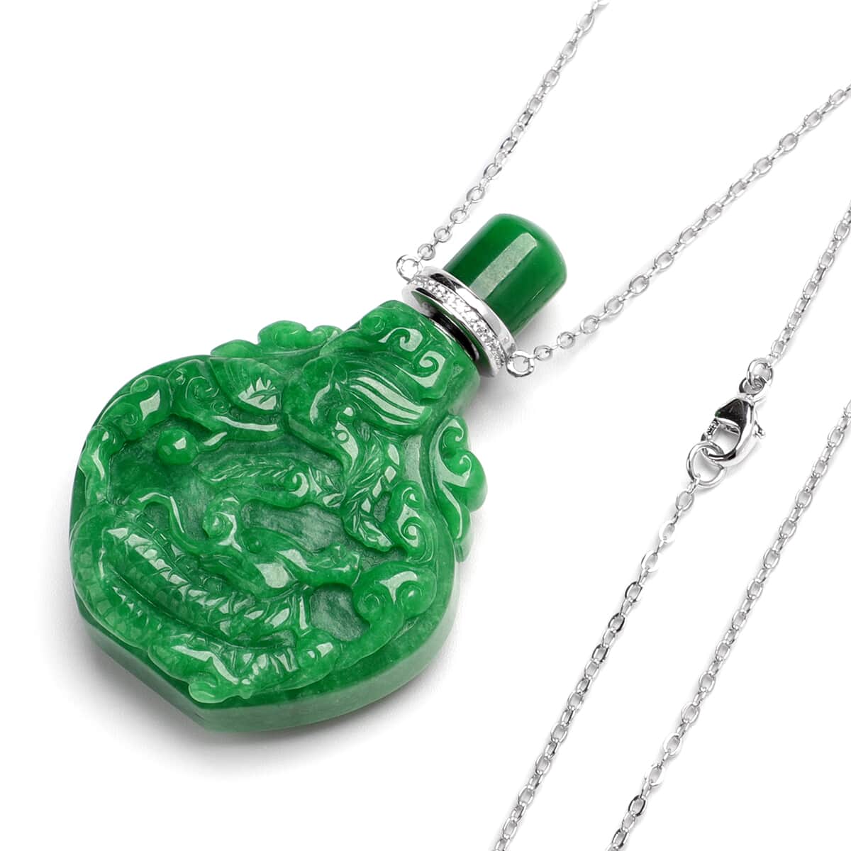 Green Jade and Simulated Diamond Carved Dragon Scent Bottle Necklace 18 Inches in Sterling Silver 346.75 ctw image number 3