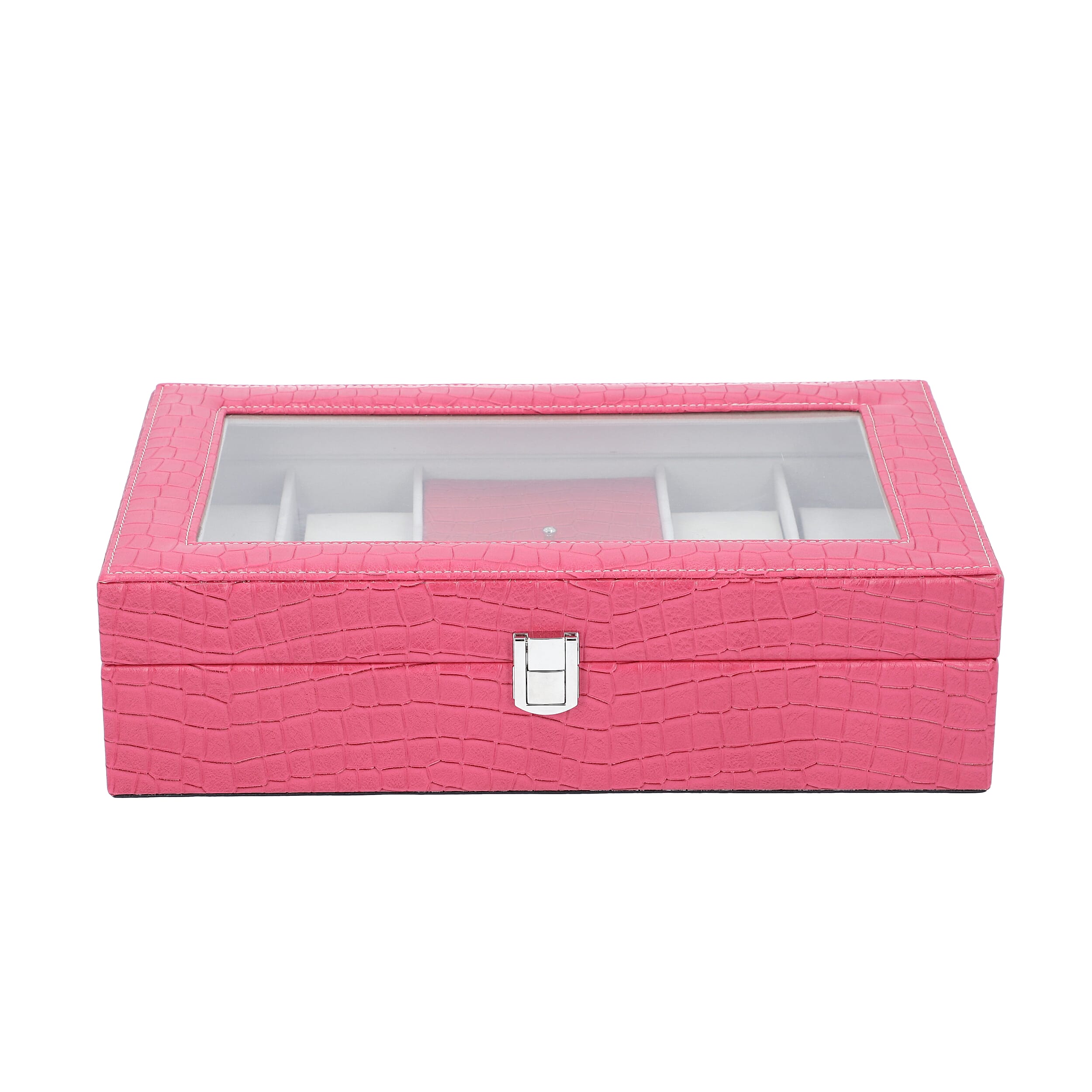 Pink Crocodile Skin Pattern Anti Tarnish Faux Leather Watch and Jewelry Organizer with Transparent Top Lid & Lock