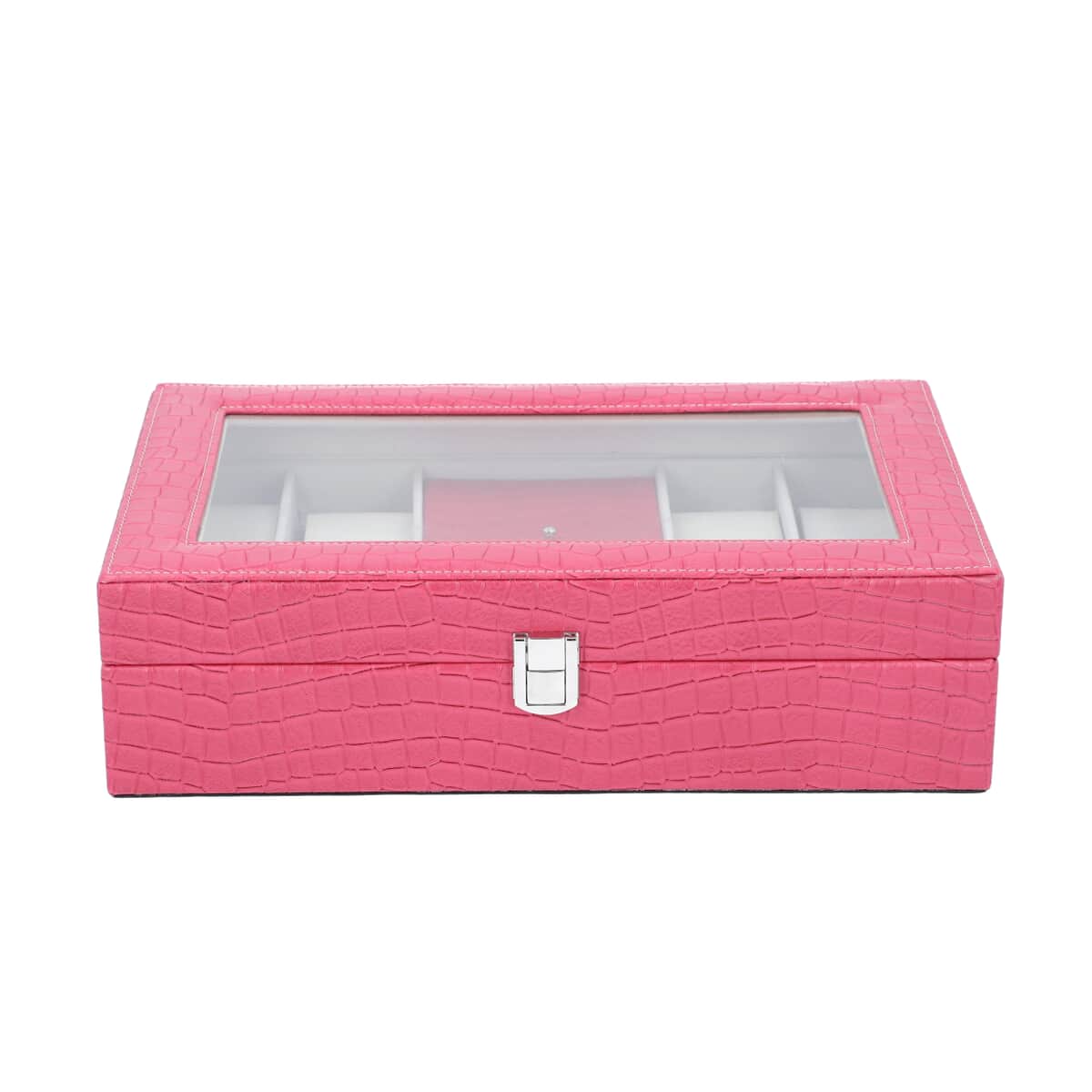 Pink Crocodile Skin Pattern Anti Tarnish Faux Leather Watch and Jewelry Organizer with Transparent Top Lid & Lock (12.6x7.87x3.43) image number 1