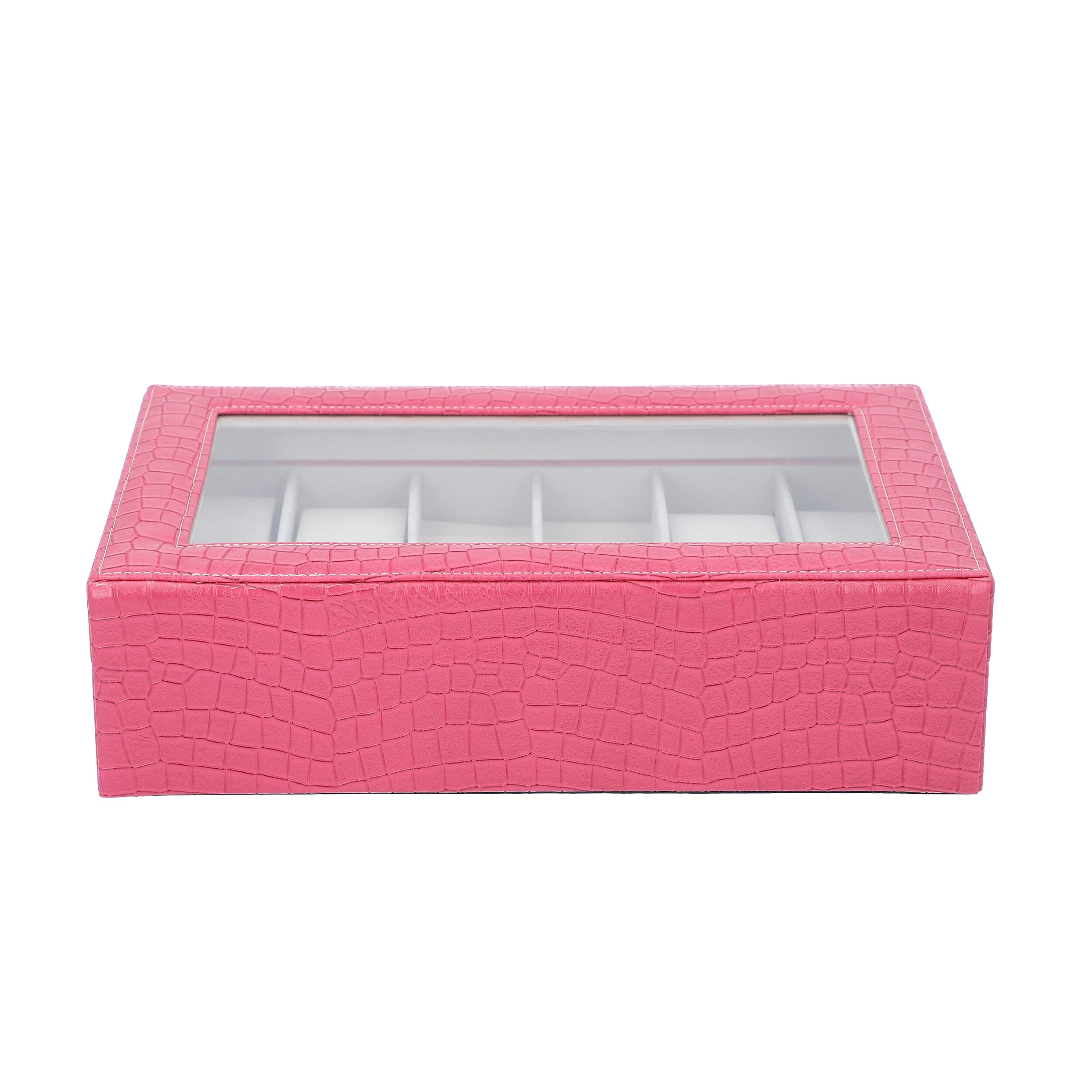 Pink Crocodile Skin Pattern Anti Tarnish Faux Leather Watch and Jewelry Organizer with Transparent Top Lid & Lock