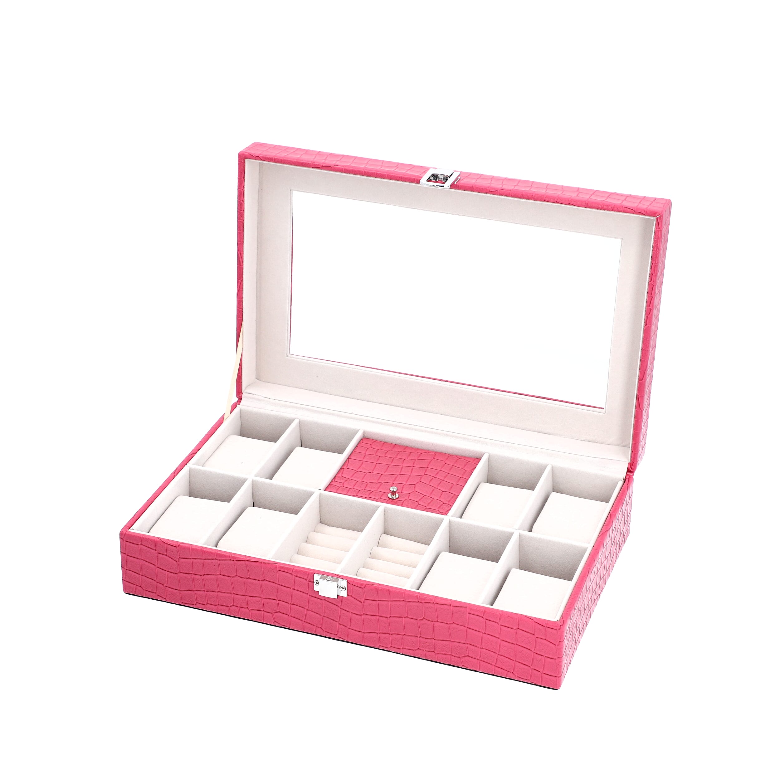 Pink Crocodile Skin Pattern Anti Tarnish Faux Leather Watch and Jewelry Organizer with Transparent Top Lid & Lock