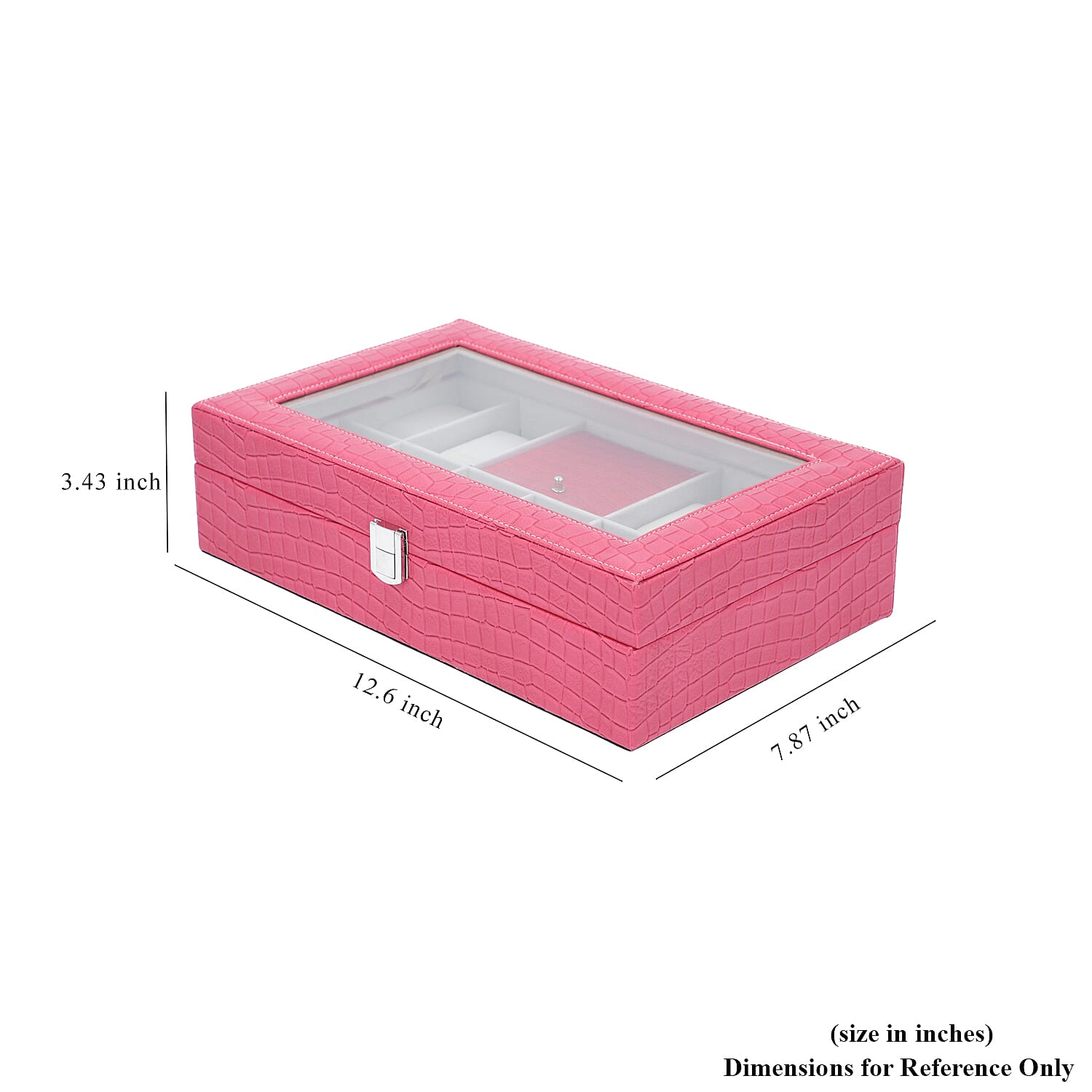 Pink Crocodile Skin Pattern Anti Tarnish Faux Leather Watch and Jewelry Organizer with Transparent Top Lid & Lock