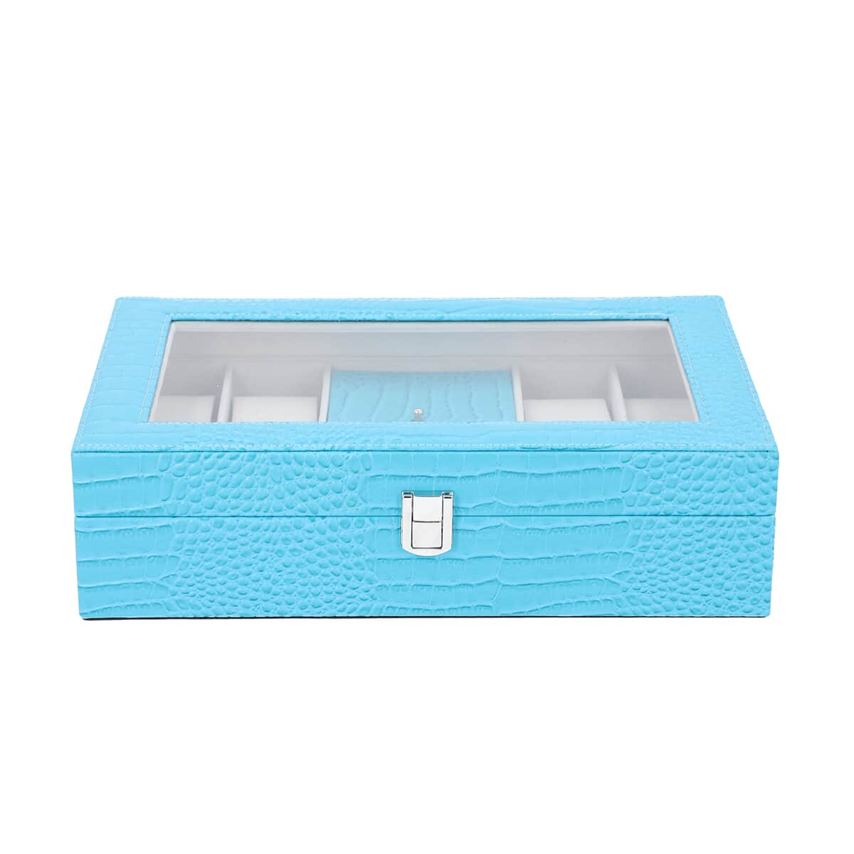 Turquoise Blue Crocodile Skin Pattern Faux Leather Watch and Jewelry Organizer with Transparent Top Lid & Lock image number 1