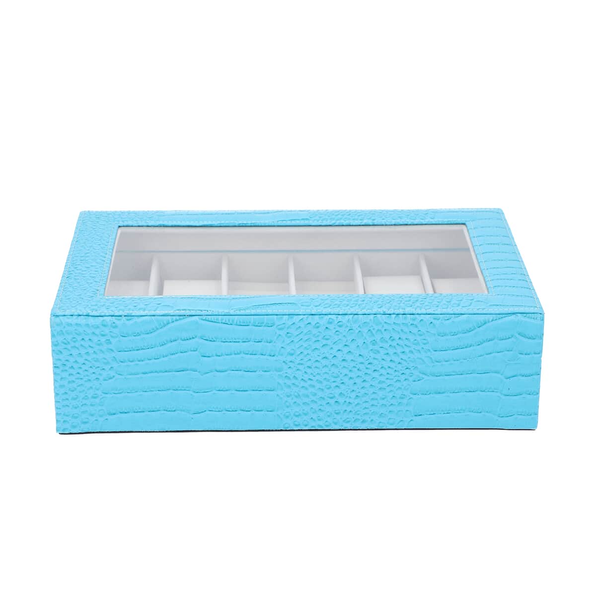 Turquoise Blue Crocodile Skin Pattern Faux Leather Watch and Jewelry Organizer with Transparent Top Lid & Lock image number 2