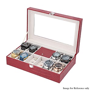 Wine Red Crocodile Skin Pattern Faux Leather Watch and Jewelry Organizer with Transparent Top Lid & Lock