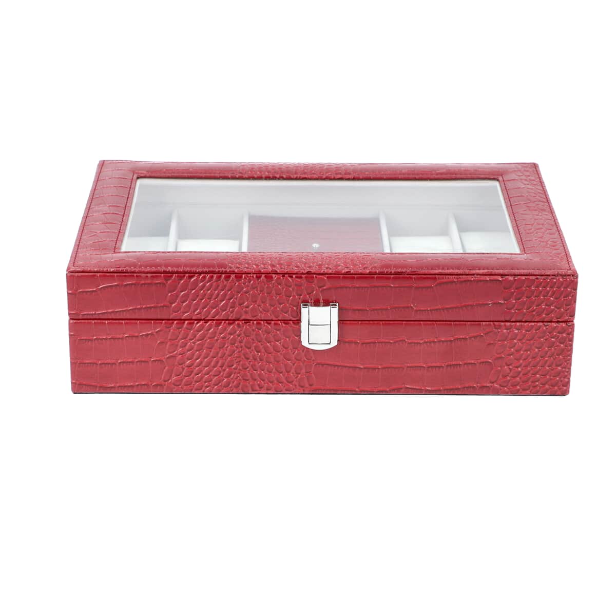 Wine Red Crocodile Skin Pattern Faux Leather Watch and Jewelry Organizer with Transparent Top Lid & Lock image number 1