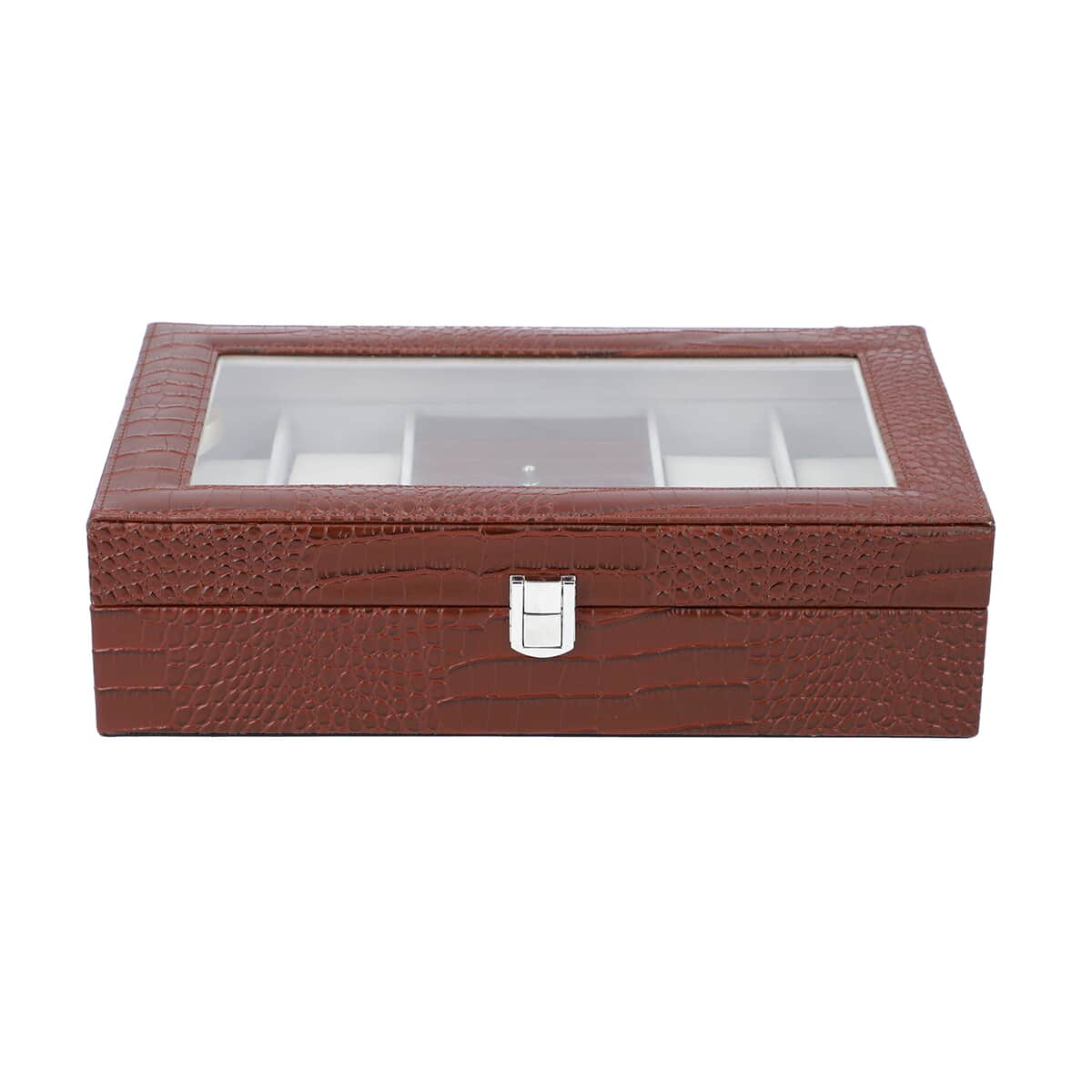 Coffee Crocodile Skin Pattern Faux Leather Watch and Jewelry Organizer with Transparent Top Lid & Lock image number 1