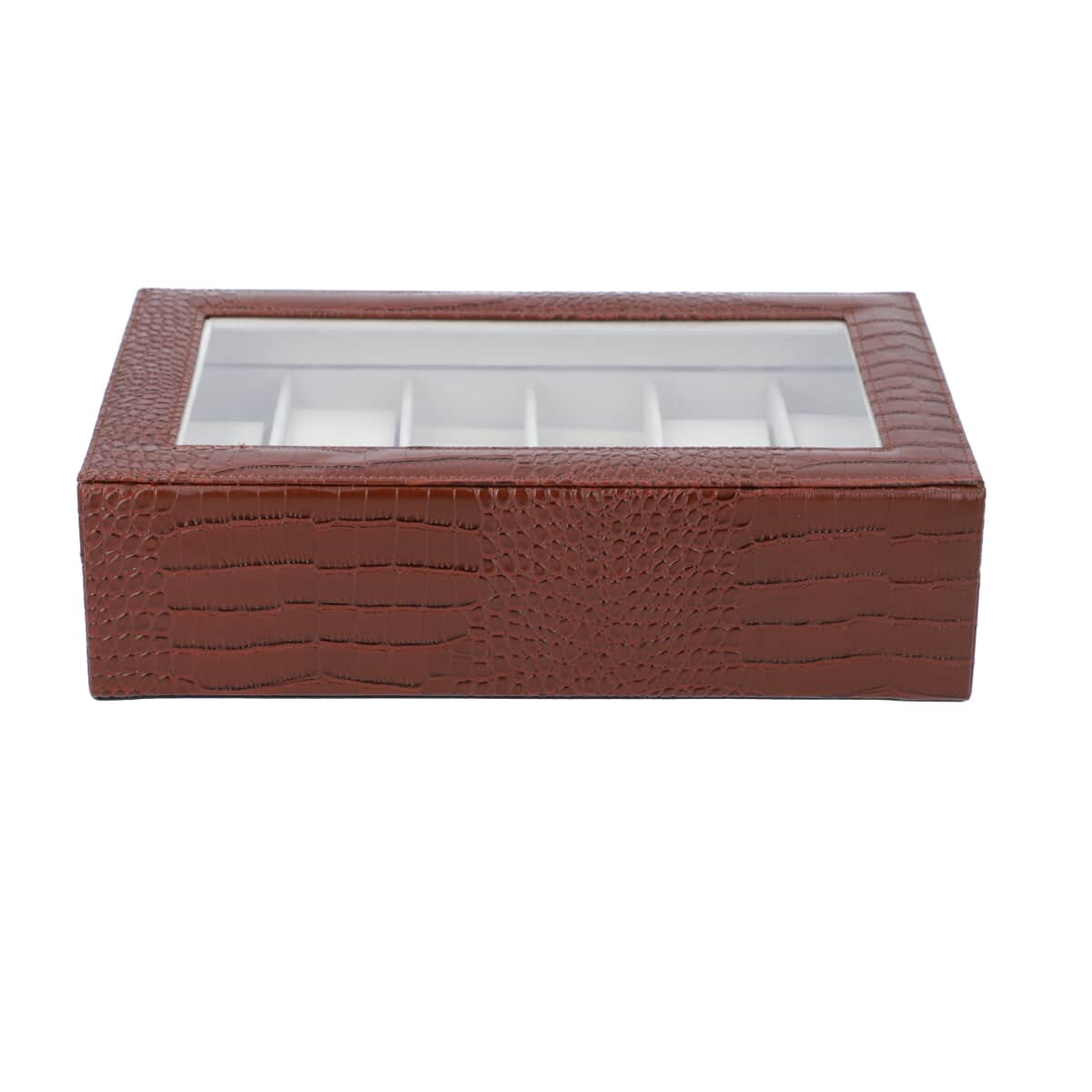 Coffee Crocodile Skin Pattern Faux Leather Watch and Jewelry Organizer with Transparent Top Lid & Lock image number 2