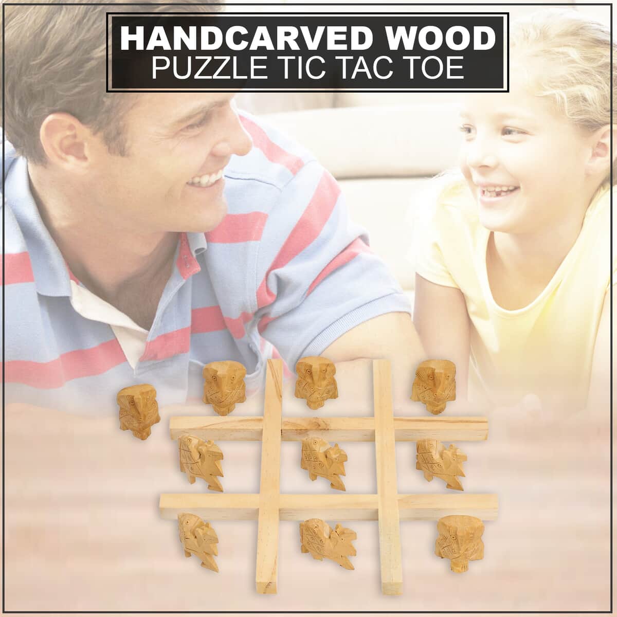Hand Carved Wooden Tic-Tac-Toe Game image number 1