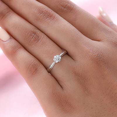 Diamond Floral Ring in Platinum Over Sterling Silver (Size 10.0) 0.10 ctw